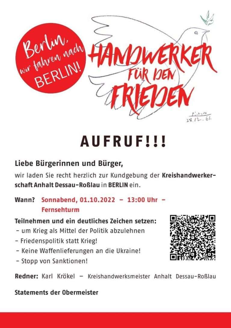 Auf­ruf der »Hand­wer­ker für den Frie­den« zur Kund­ge­bung in Ber­lin am 1. Oktober
